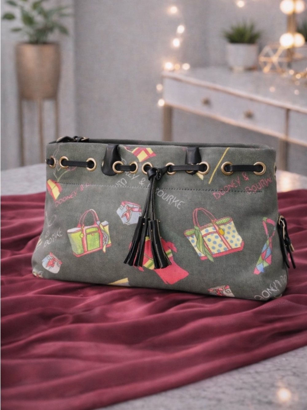 Dooney & Bourke Mini Tassel Tote Shoulder Bag Handbag Purse Smoky Glay BLK NWOT